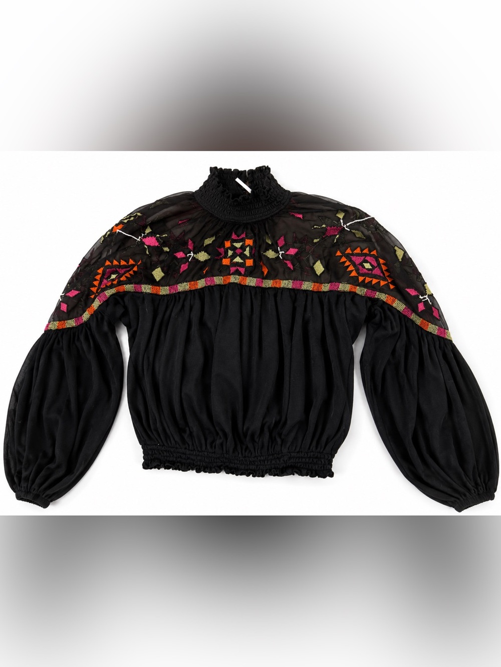 Free People Black Sheer Yoke Long Sleeve Top with Colorful Embroidery